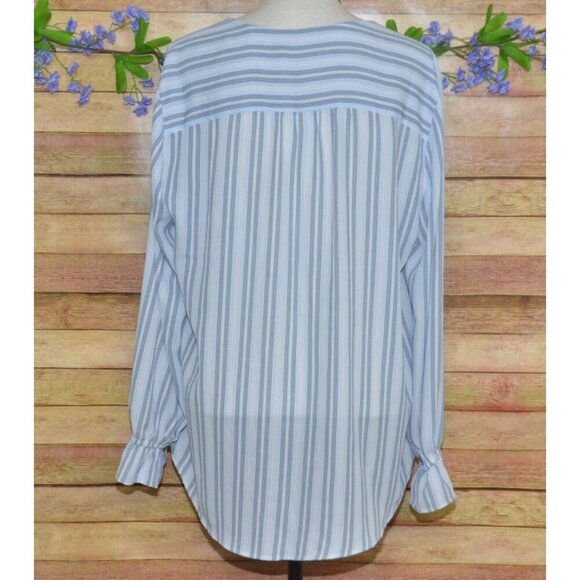 Tahari Ladies Blue Striped Button Front V-Neck Blouse XL Long Bell Sleeves Tunic - Picture 8 of 12
